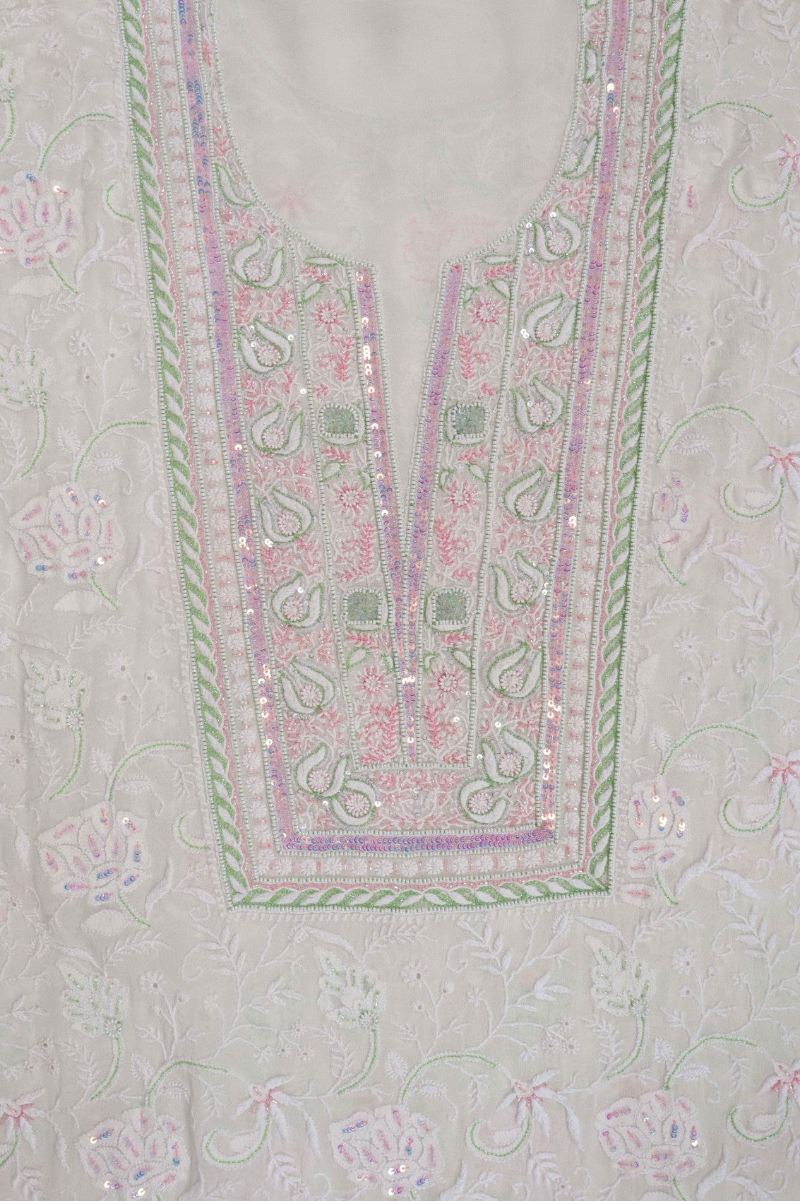 Ada Hand Embroidered White Pure Georgette Lucknowi Chikankari Unstitched Kurta Dupatta Set With Pearl Work A621851
