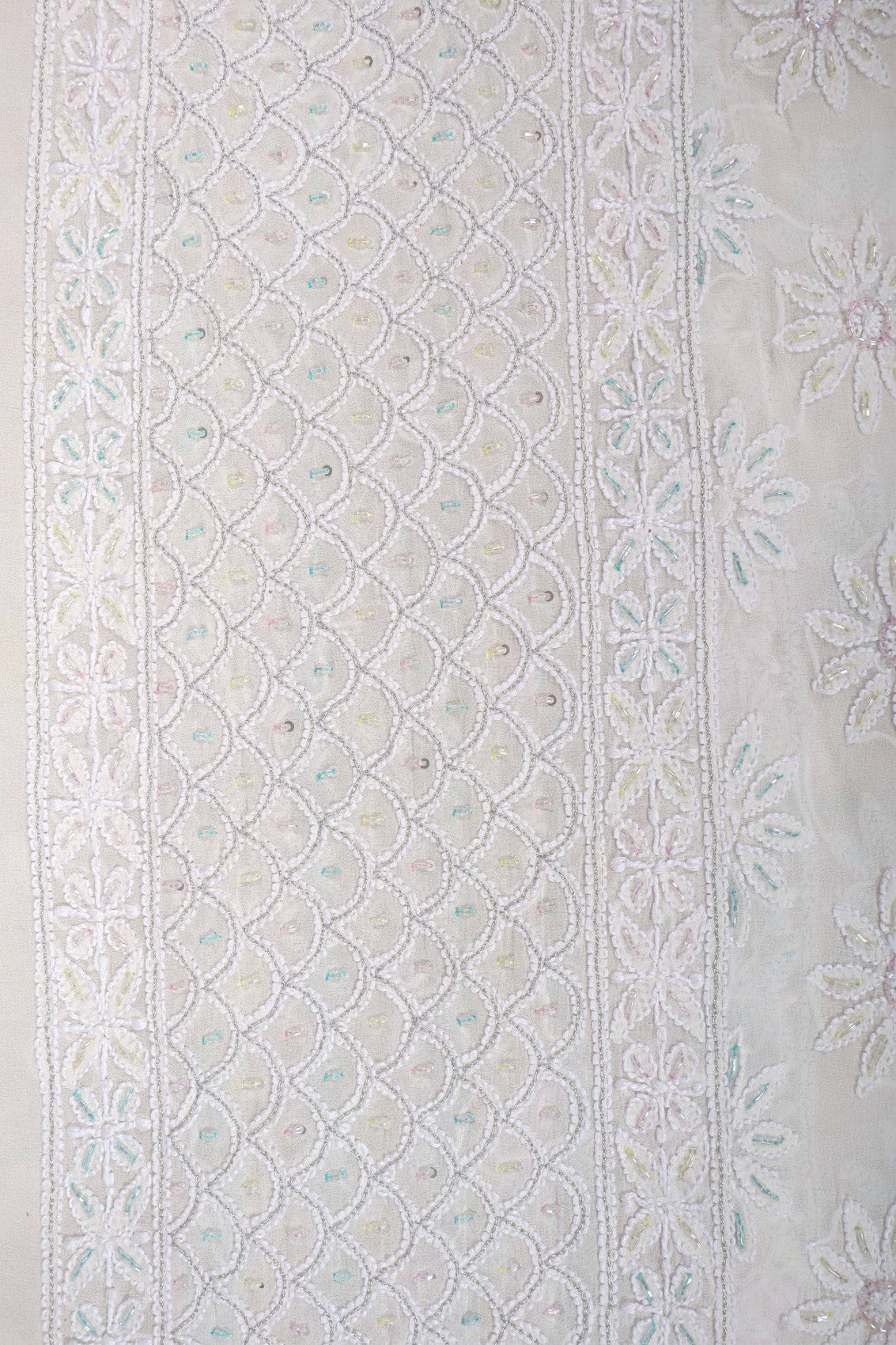 Ada Hand Embroidered White Pure Georgette Lucknowi Chikankari Dupatta With Cutdana Work 01A162503