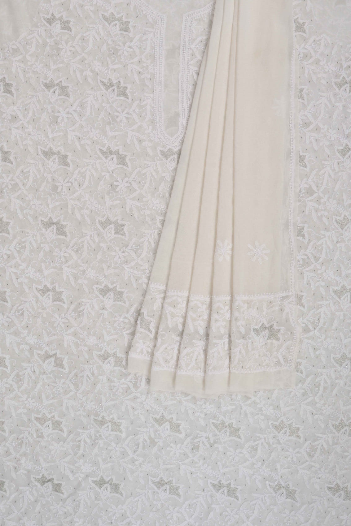 Ada Hand Embroidered Off White Pure Georgette Unstitched Kurta Dupatta Set With Zari Work 01A170073