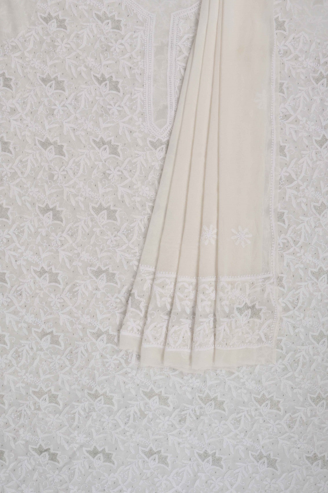 Ada Hand Embroidered Off White Pure Georgette Unstitched Kurta Dupatta Set With Zari Work 01A170073