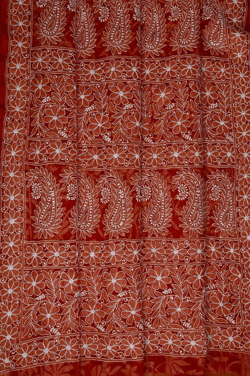 Ada Hand Embroidered Red Georgette Lucknowi Chikankari Saree with Blouse A611557