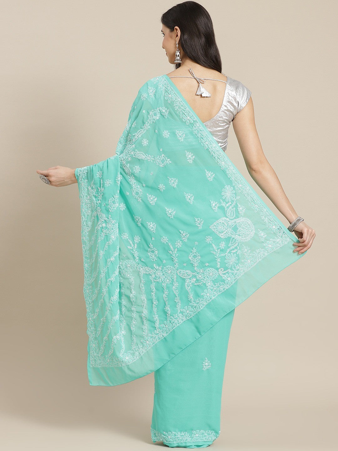 Ada Hand Embroidered Green Georgette Lucknow Chikan Saree with Blouse A311282