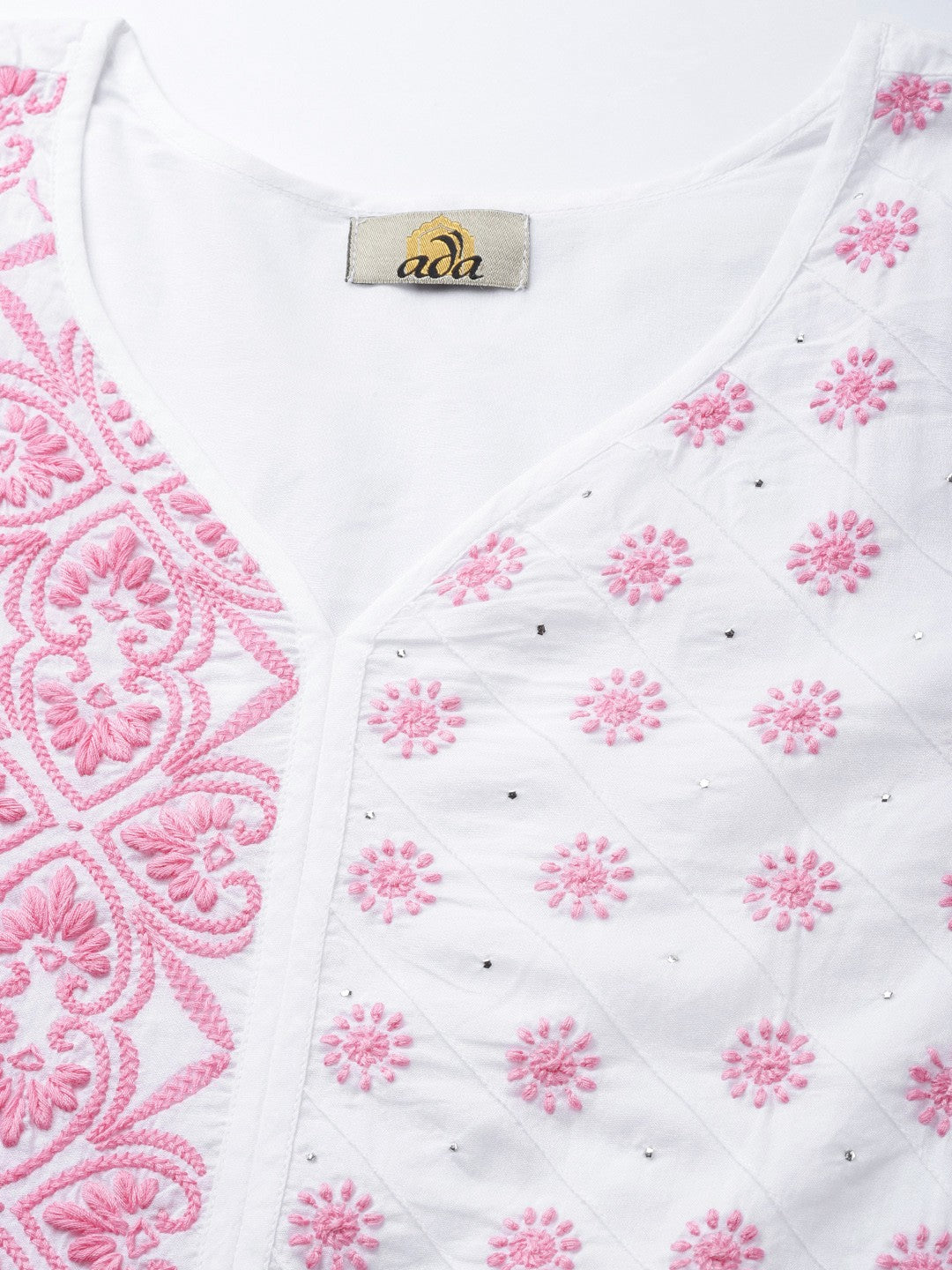 Ada Hand Embroidered White Cotton Lucknowi Chikankari Straight Kurta With Muqaish Work A100055