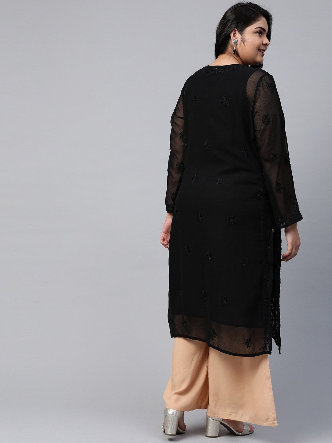 Ada Hand Embroidered Black Georgette Lucknow Chikankari Straight Kurta with Slip A200509