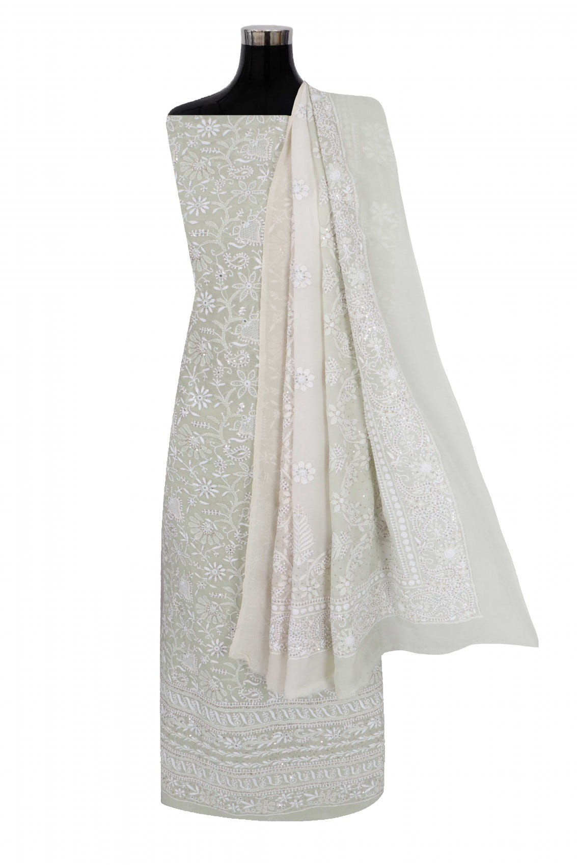 Ada Hand Embroidered Tea Green Ombre Shade Pure Georgette Lucknowi Chikanikari Unstitched Kurta Dupatta Set With Zari Work 01A375429