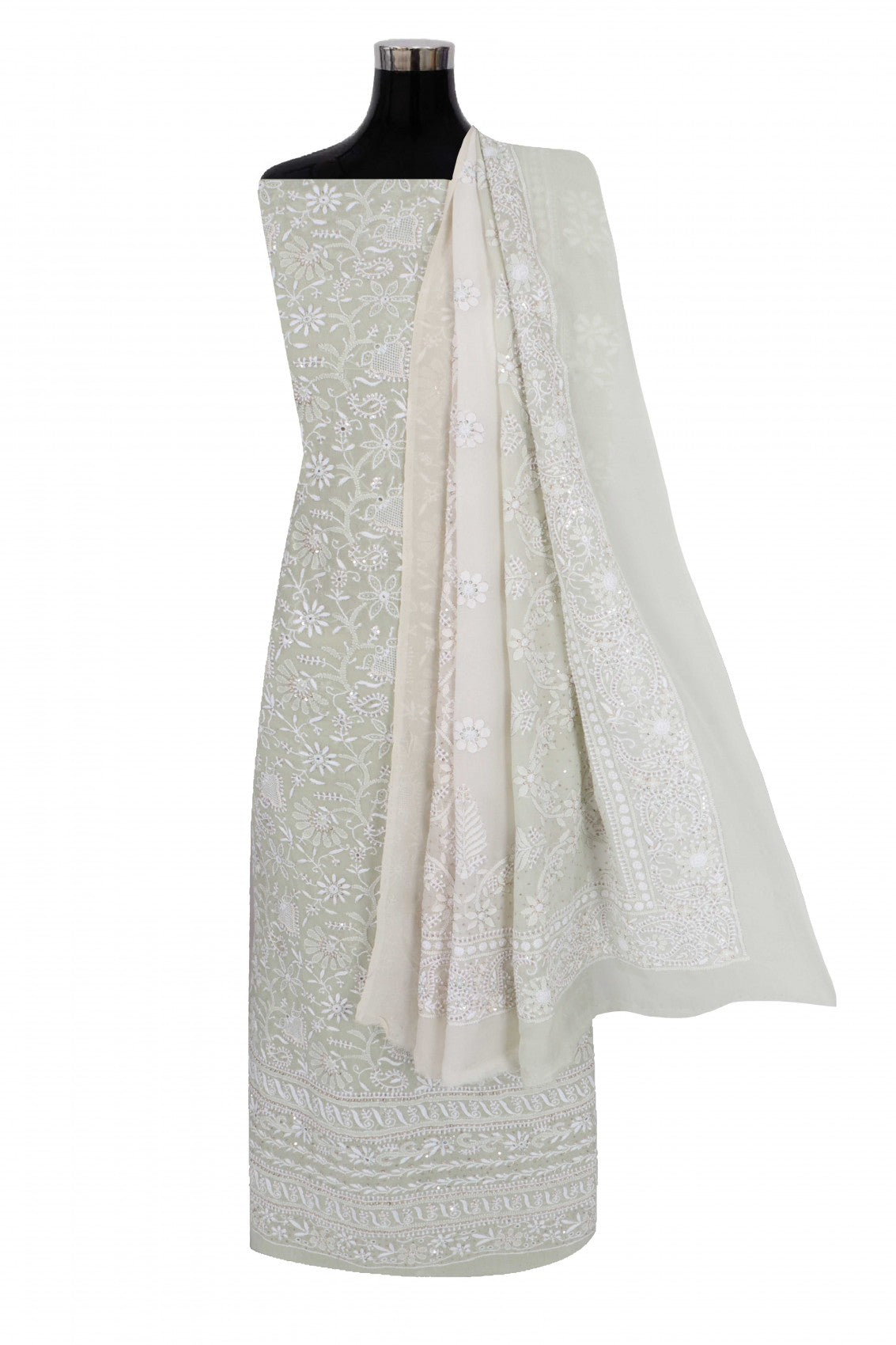 Ada Hand Embroidered Tea Green Ombre Shade Pure Georgette Lucknowi Chikanikari Unstitched Kurta Dupatta Set With Zari Work 01A375429