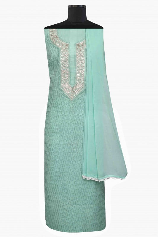 Ada Hand Embroidered Sea Green Cotton Lucknowi Chikan Unstitched Suit Piece–A100184
