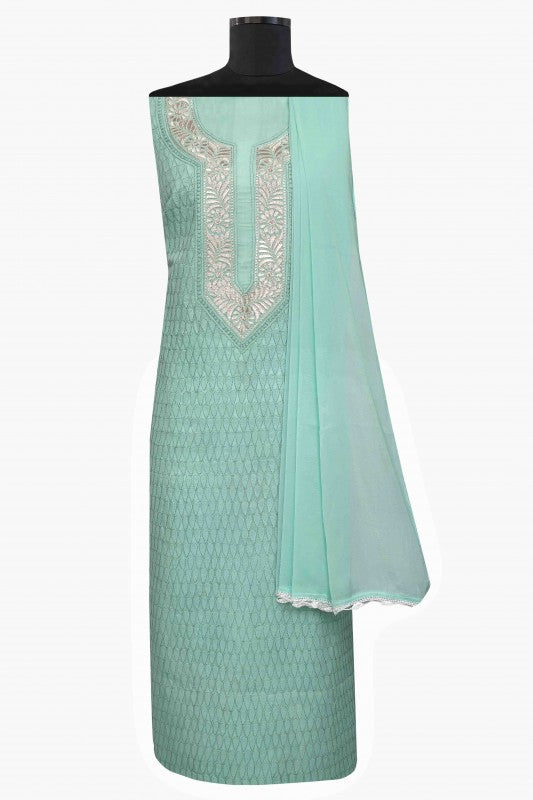 Ada Hand Embroidered Sea Green Cotton Lucknowi Chikan Unstitched Suit Piece–A100184