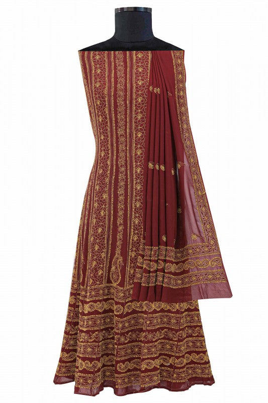 Ada Hand Embroidered Maroon Pure Georgette Lucknowi Chikankari Semi-Stitched Anarkali Set 01A8518