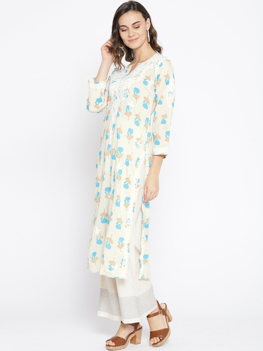 Ada Hand Embroidered Fawn Blue Cotton Lucknow Chikankari Kurta- A100028
