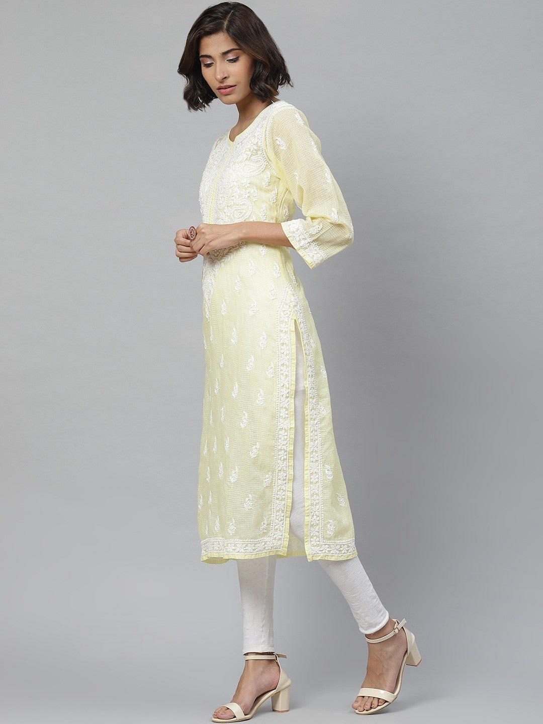 Ada Hand Embroidered Lemon Kota Lucknowi Chikankari Straight Kurta With Slip A411121