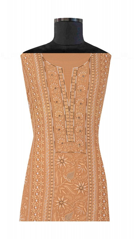 Ada Hand Embroidered Fawn Pure Georgette Lucknowi Chikan Unstitched Kurta Dupatta Set with Pearl Work A576803