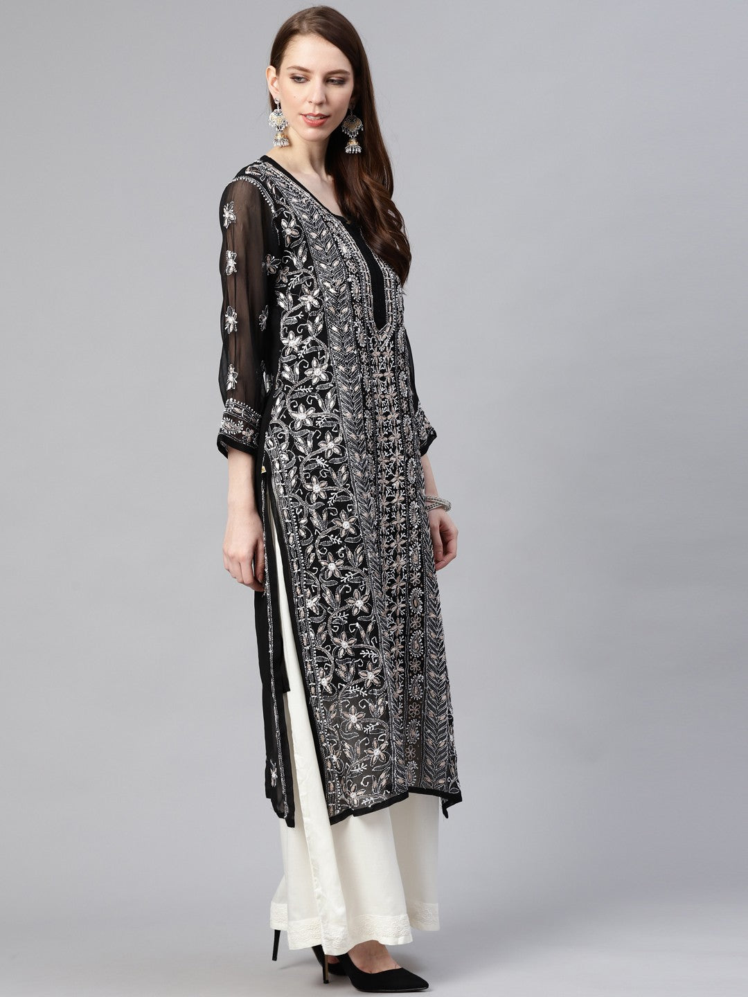 Ada Hand Embroidered Black Georgette Lucknowi Chikan Straight Kurta/Slip with Gota patti Work A411116