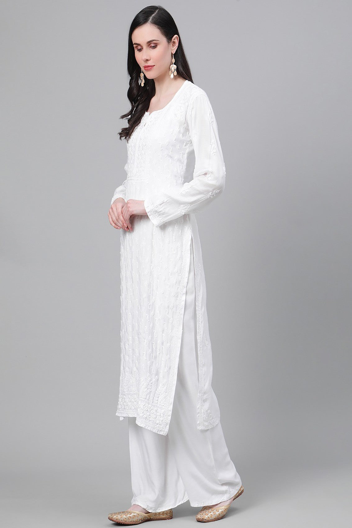 Ada Hand Embroidered White Muslin Lucknowi Chikankari Kurta A411141