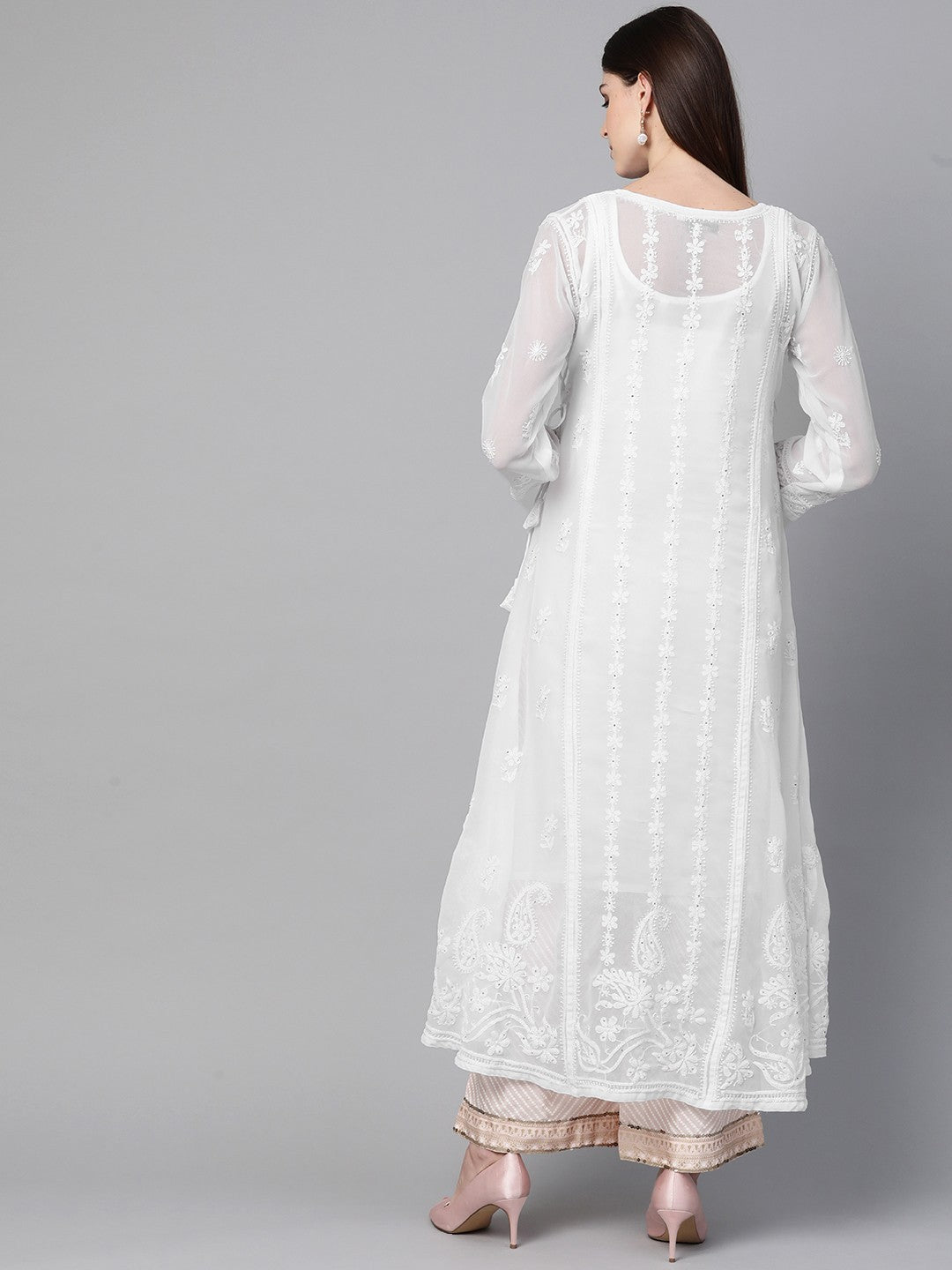 Ada Hand Embroidered White Georgette Lucknow Chikankari Angarkha Kurta/Slip with Muqaish Work A100430