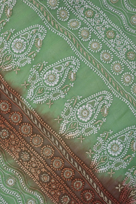 Ada Hand Embroidered Green Dual Shade Pure Georgette Lucknow Chikan Saree/Blouse with Gota Patti Work A50140