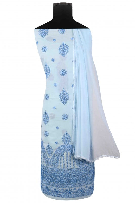 Ada Hand Embroidered Blue Cotton Lucknowi Chikan Unstitched Suit Piece A176919