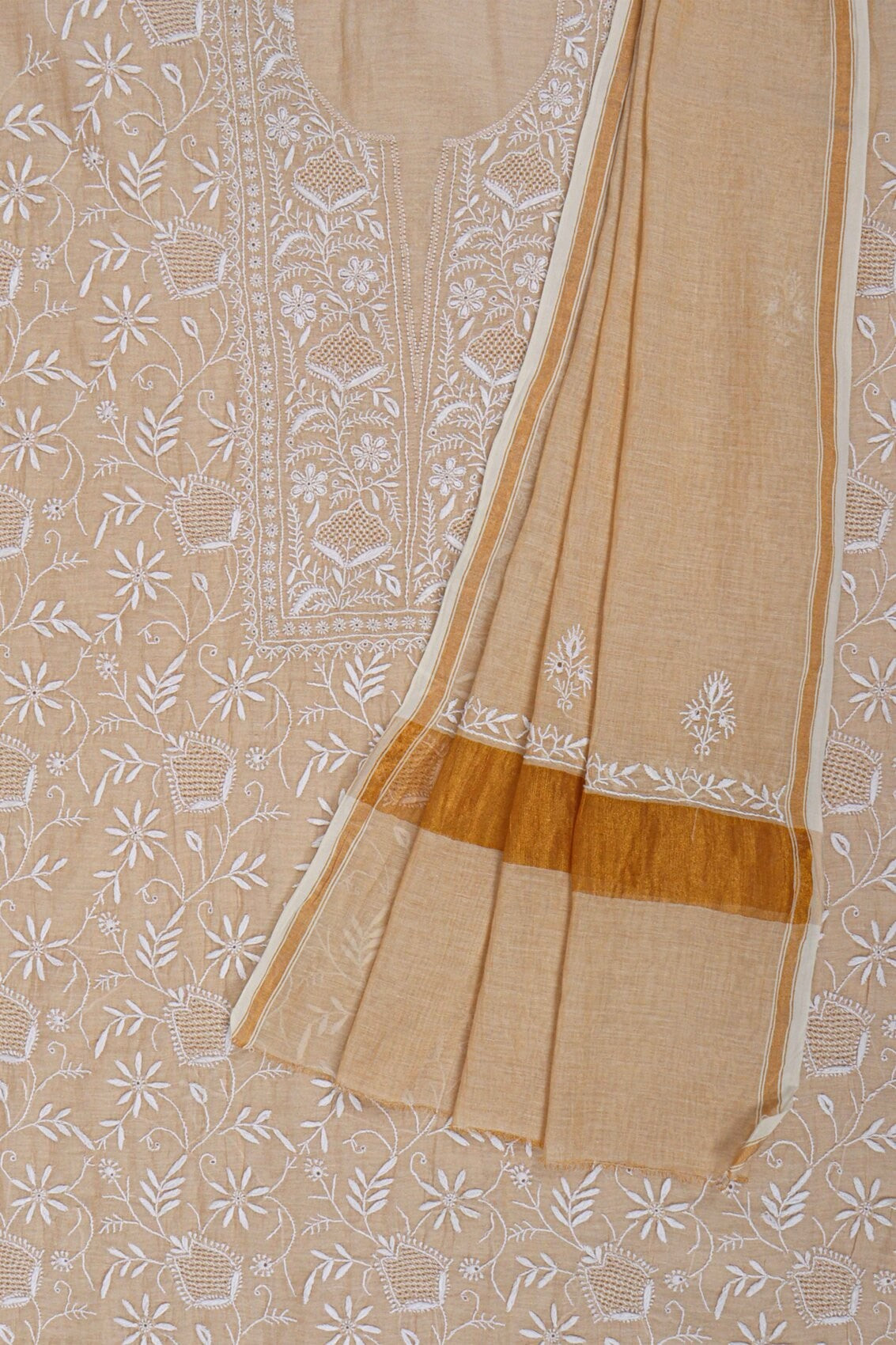 Ada Hand Embroidered Natural Fawn Tissue Lucknowi Chikankari Unstitched Kurta Dupatta Set 01A213418