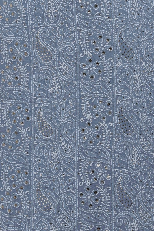 Ada Hand Embroidered Aegean Blue Pure Georgette Lucknowi Chikan Unstitched Kurta Dupatta With Muqaish Work- A608012