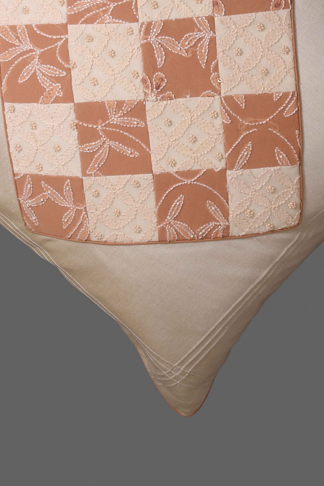 Ada Hand Embroidered Fawn Silk Lucknowi Chikankari Cushion Cover With Pearl Work 01A102794