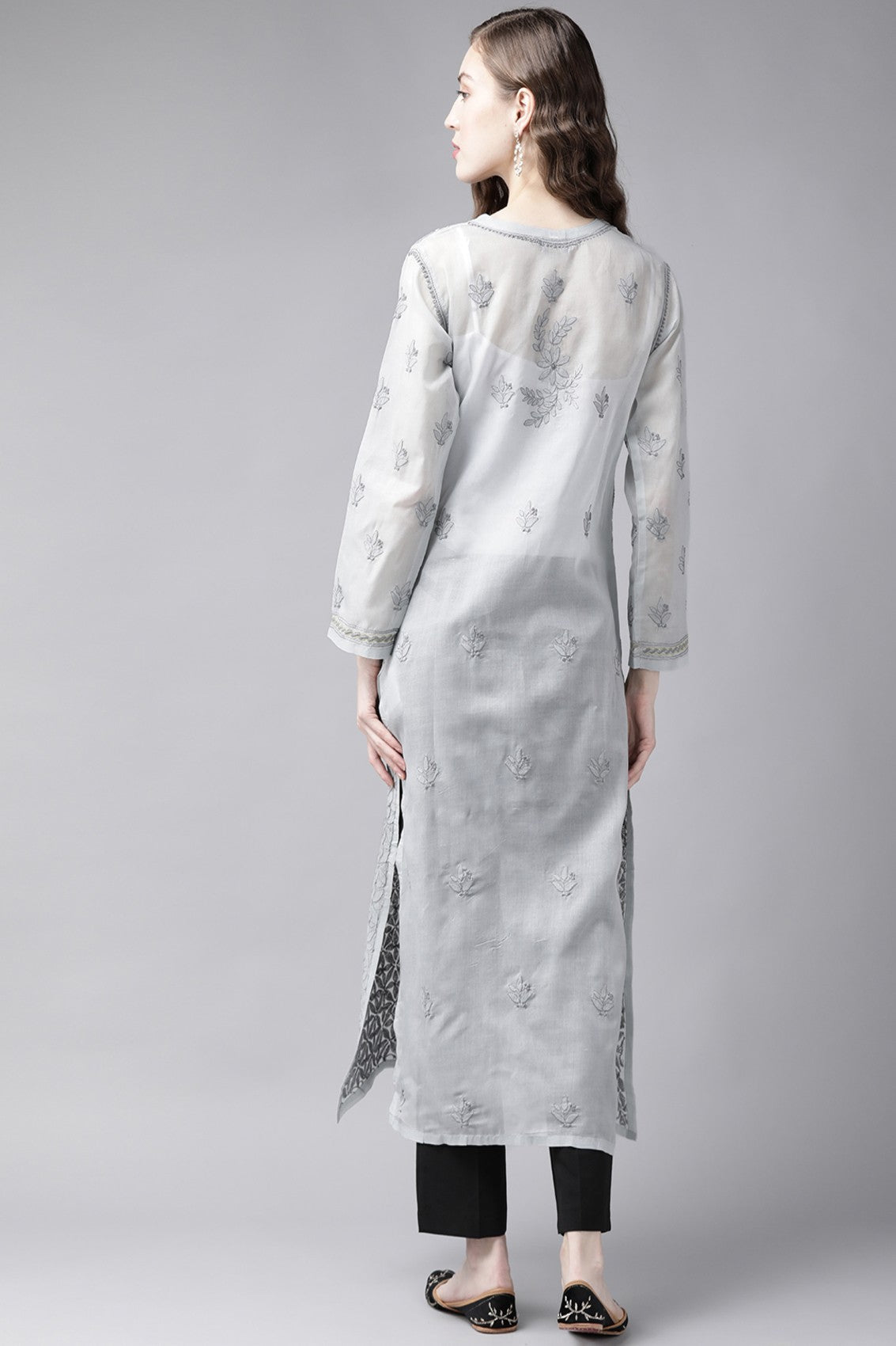 Ada Hand Embroidered Grey Cotton Lucknowi Chikankari Straight  Kurta A411248