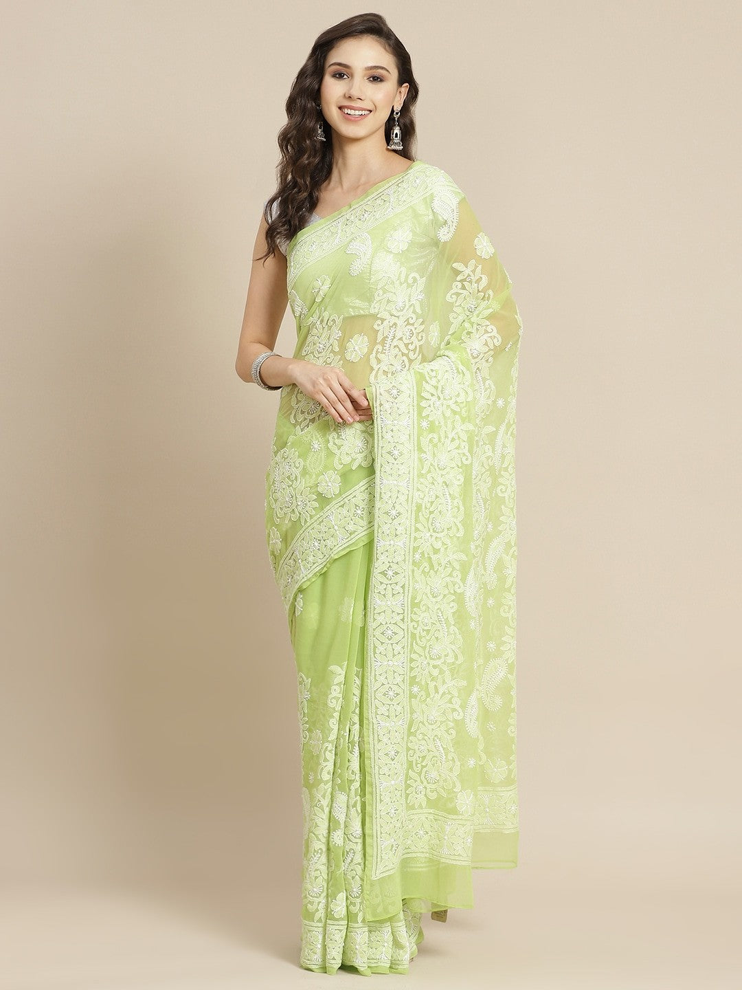 Ada Hand Embroidered Green Georgette Lucknowi Chikankari Saree with Blouse A311310