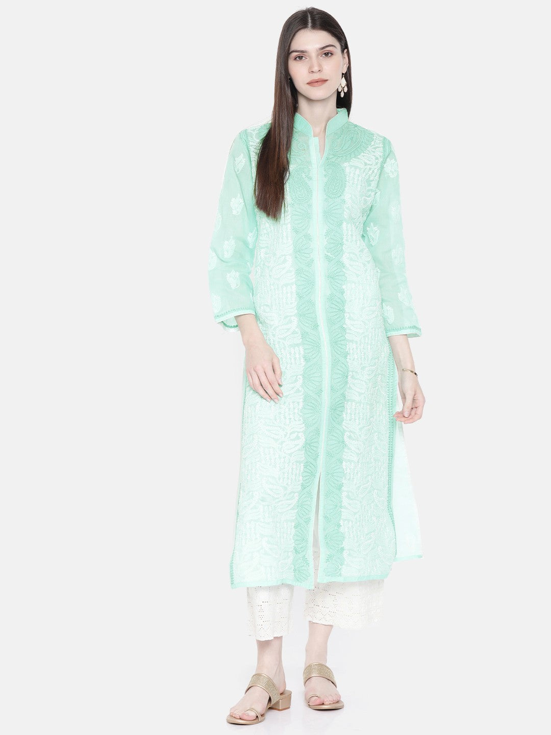 Ada Hand Embroidered Sea Green Cotton Lucknow Chikan Straight Kurta A230229