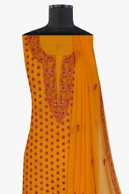 Ada Hand Embroidered Mustard Pure Georgette Lucknowi Chikan Unstitched Suit Piece with Muqaish Work A94468