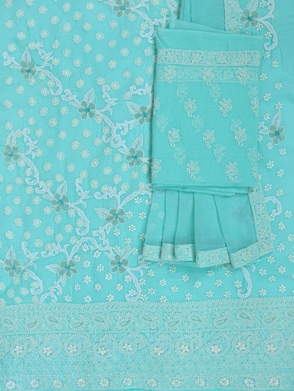 Ada Hand Embroidered Sea Green Cotton Lucknowi Chikankari Unstitched Suit Piece With Pearl Work 01A184312
