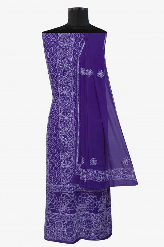 Ada Hand Embroidered Grape Purple Pure Georgette Lucknowi Chikan Unstitched Kurta Dupatta Set A578320
