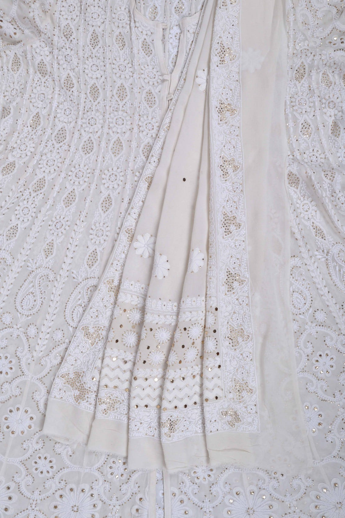 Ada Hand Embroidered Off White Pure Georgette Lucknowi Chikankari Semi-Stitched Anarkali Kurta Dupatta Set With Muqaish Work 01A132506