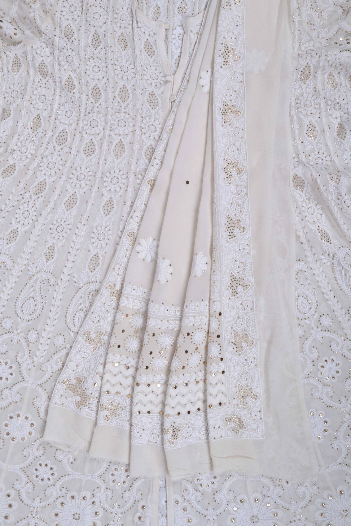Ada Hand Embroidered Off White Pure Georgette Lucknowi Chikankari Semi-Stitched Anarkali Kurta Dupatta Set With Muqaish Work 01A132506