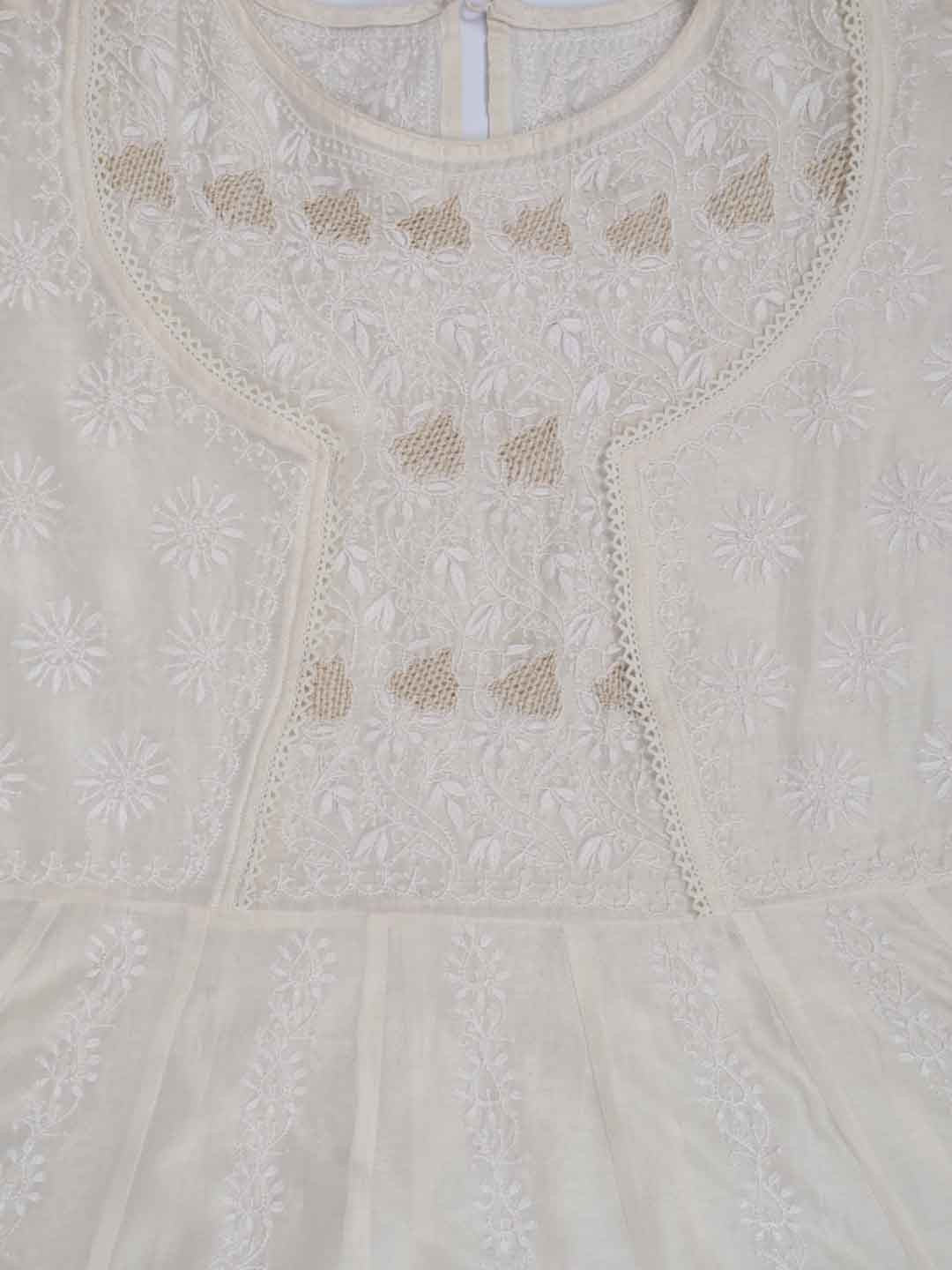 Ada Hand Embroidered Cream Chanderi Lucknowi Chikankari Semi-Stitched Anarkali Kurta Dupatta Set With Zari Work 01A205798