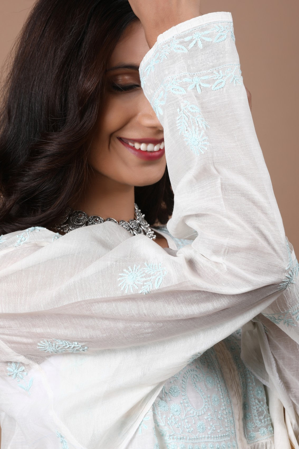 Ada Hand Embroidered Cream Chanderi Lucknowi Chikankari Semi-stitched Anarkali Kurta Dupatta Set 01A268037