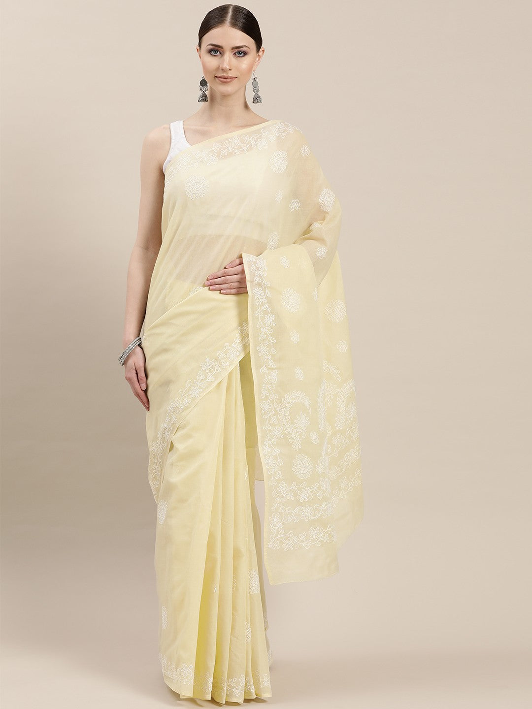 Ada Hand Embroidered Cream Cotton Lucknow Chikan Saree with Blouse- A100314
