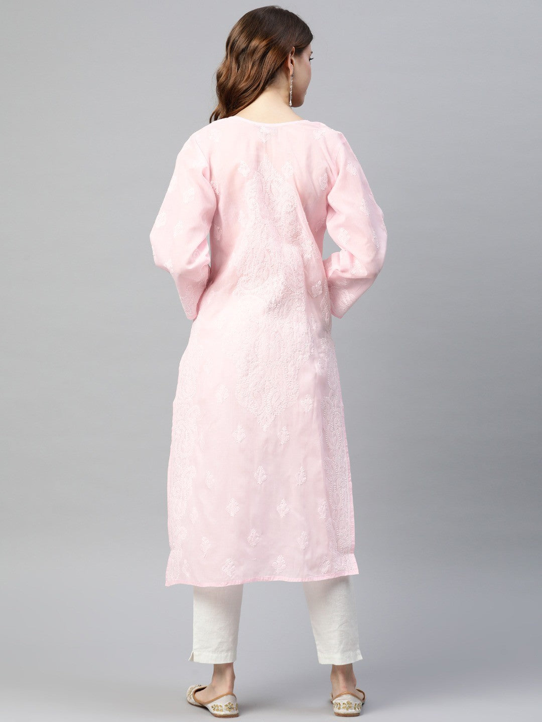 Ada Hand Embroidered Pink Cotton Lucknowi Chikankari Straight Kurta A236273