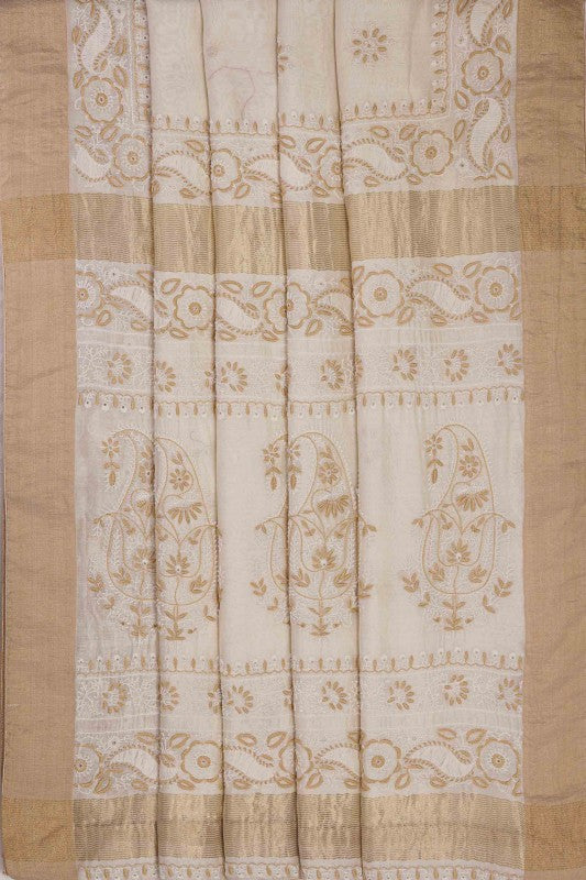 Ada Hand Embroidered Cream Chanderi Lucknowi Chikankari Saree With Blouse  A497442