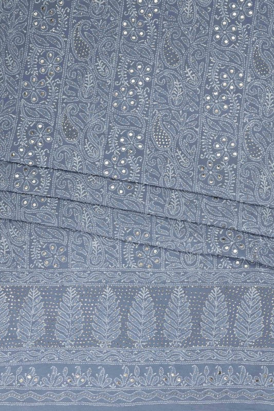 Ada Hand Embroidered Aegean Blue Pure Georgette Lucknowi Chikan Unstitched Kurta Dupatta With Muqaish Work- A608012