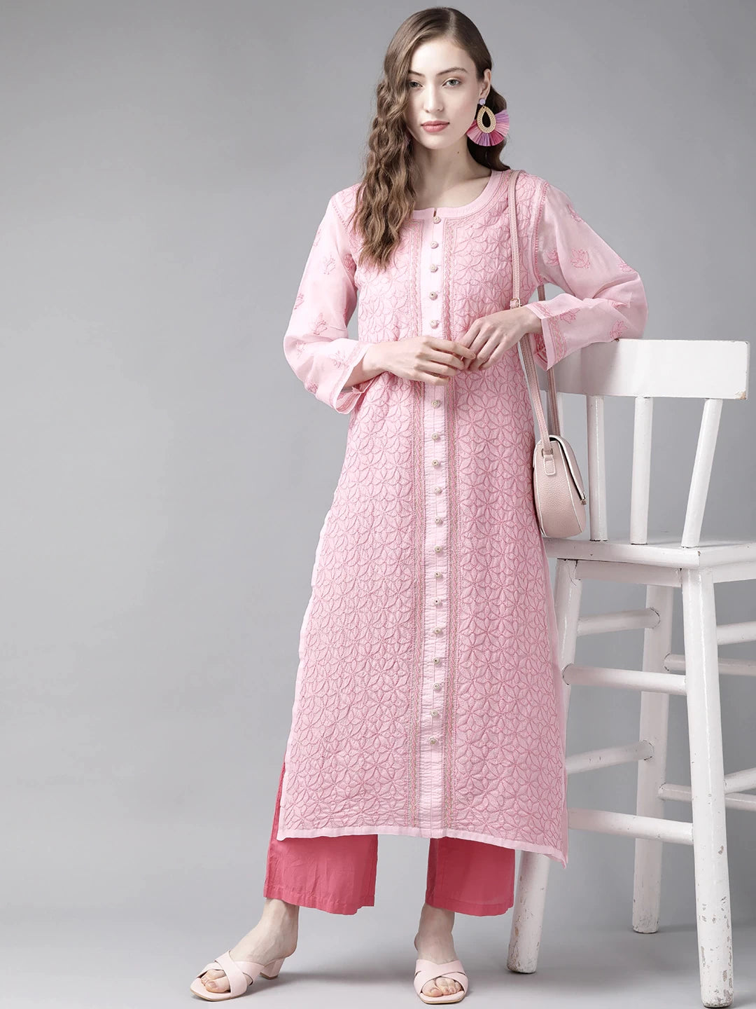 Ada Hand Embroidered Pink Cotton Lucknow Chikan Kurta A411244