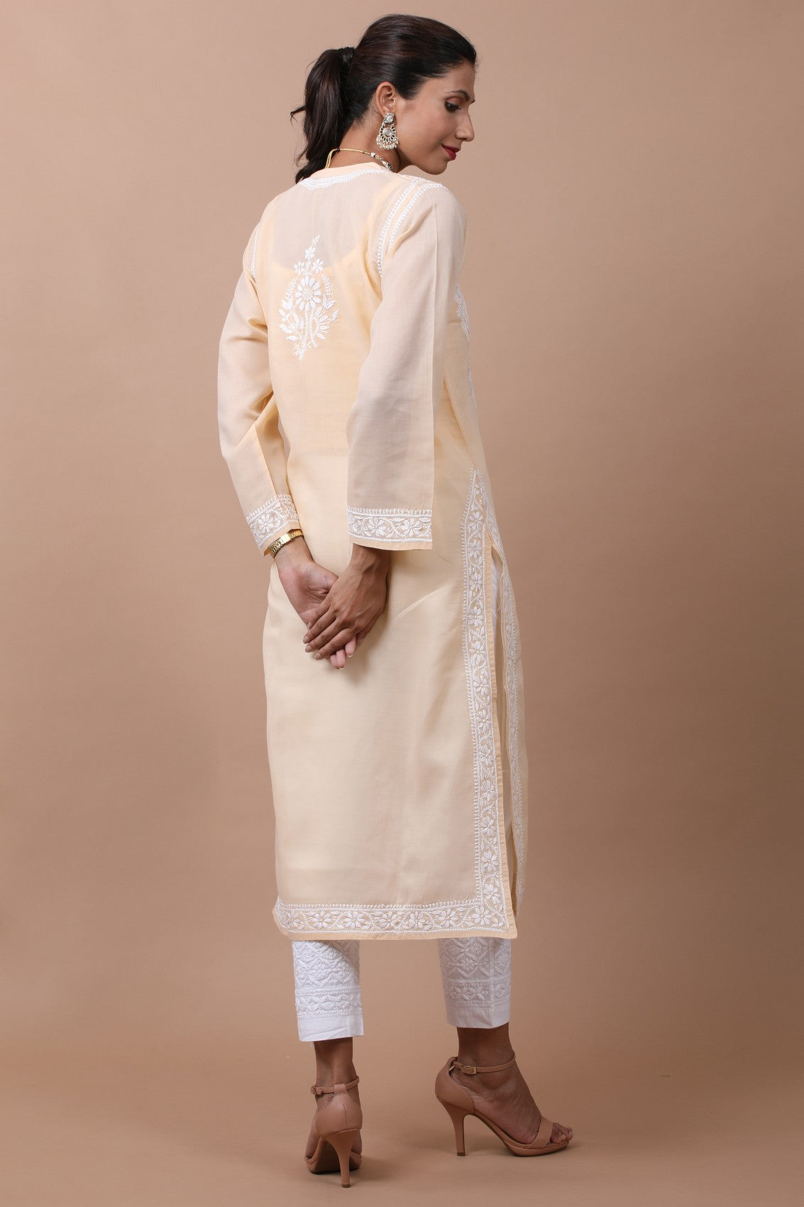 Ada Hand Embroidered Fawn Cotton Lucknowi Chikankari Straight Kurta A582030
