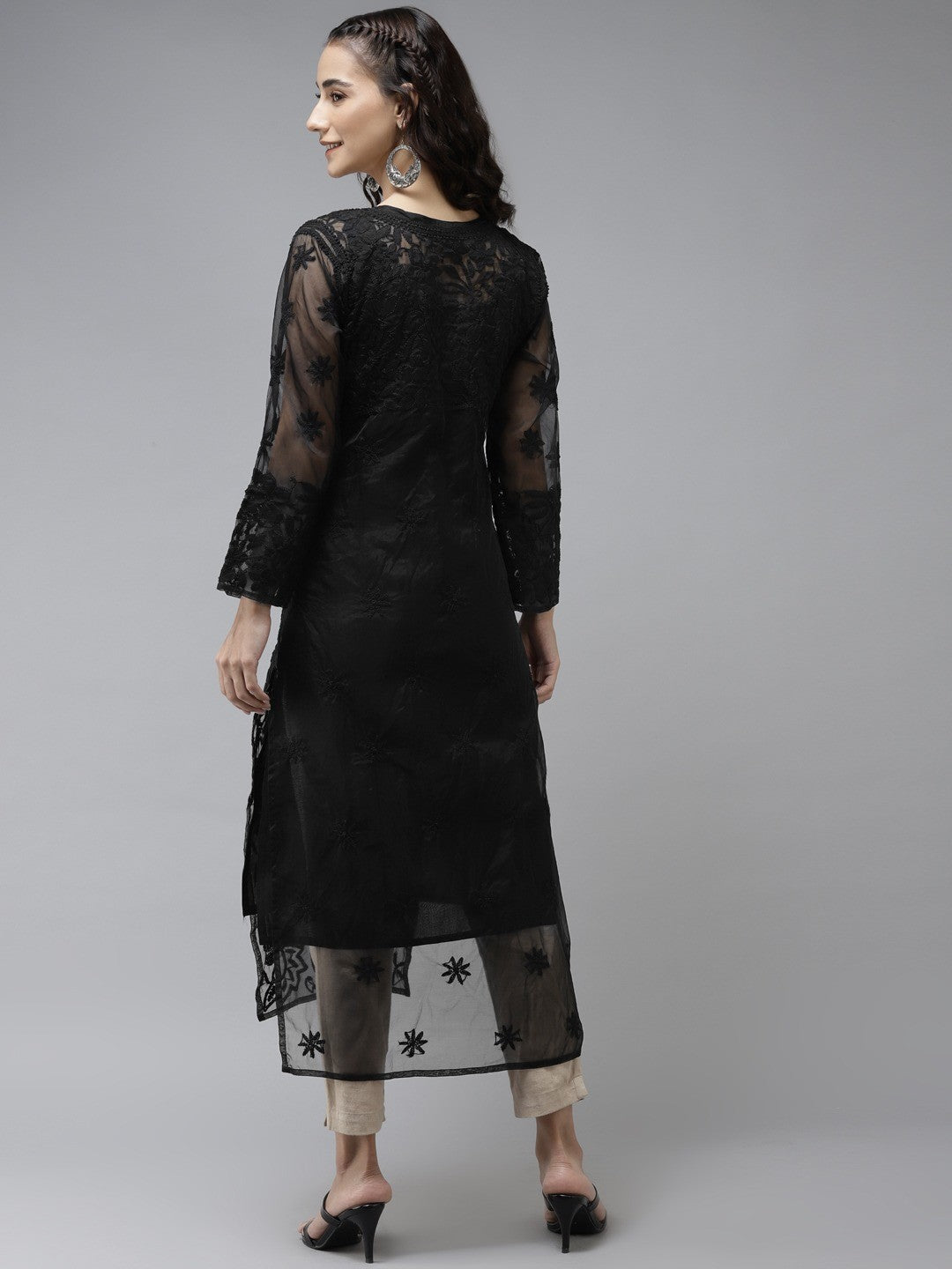 Ada Hand Embroidered Black Organza Lucknowi Chikankari Straight Kurta With Slip A411236