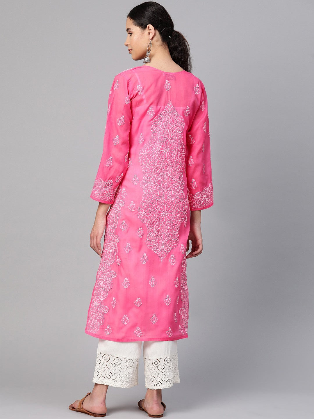 Ada Hand Embroidered Pink Cotton Lucknowi Chikankari Straight Kurta A100354