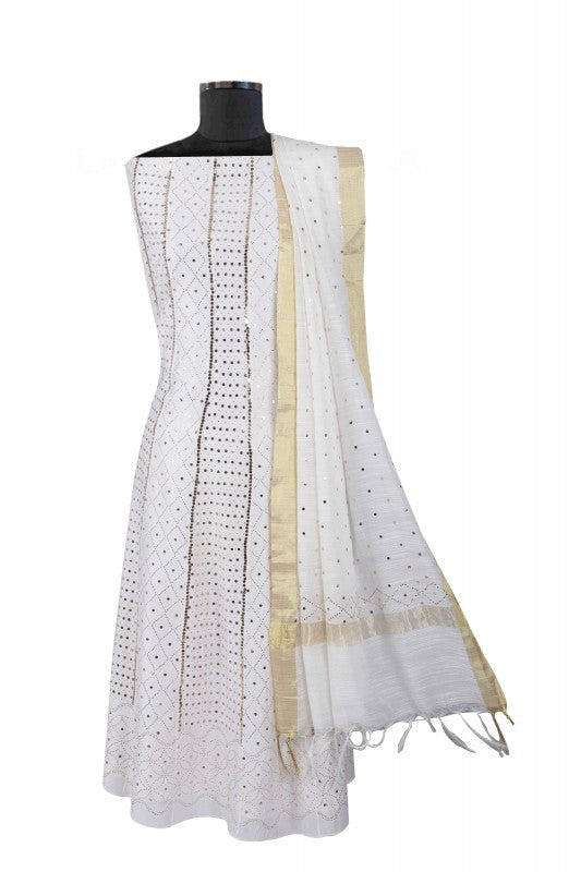 Ada Hand Embroidered White Chanderi Lucknowi Chikankari Semi-Stitched Anarkali Kurta Dupatta Set With Muqaish Work 01A156455