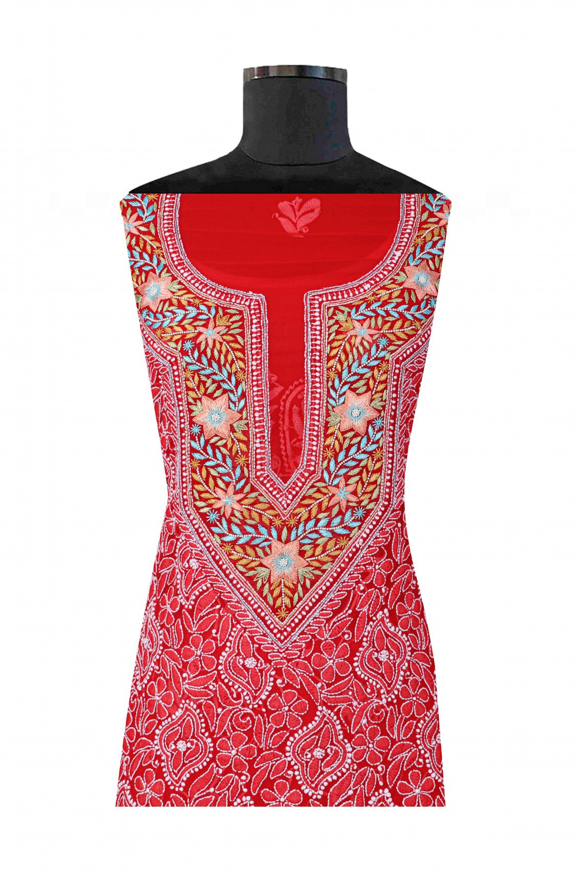 Ada Hand Embroidered Red Georgette Lucknowi Chikankari Unstitched Suit Piece With Pearl Work 01A146081