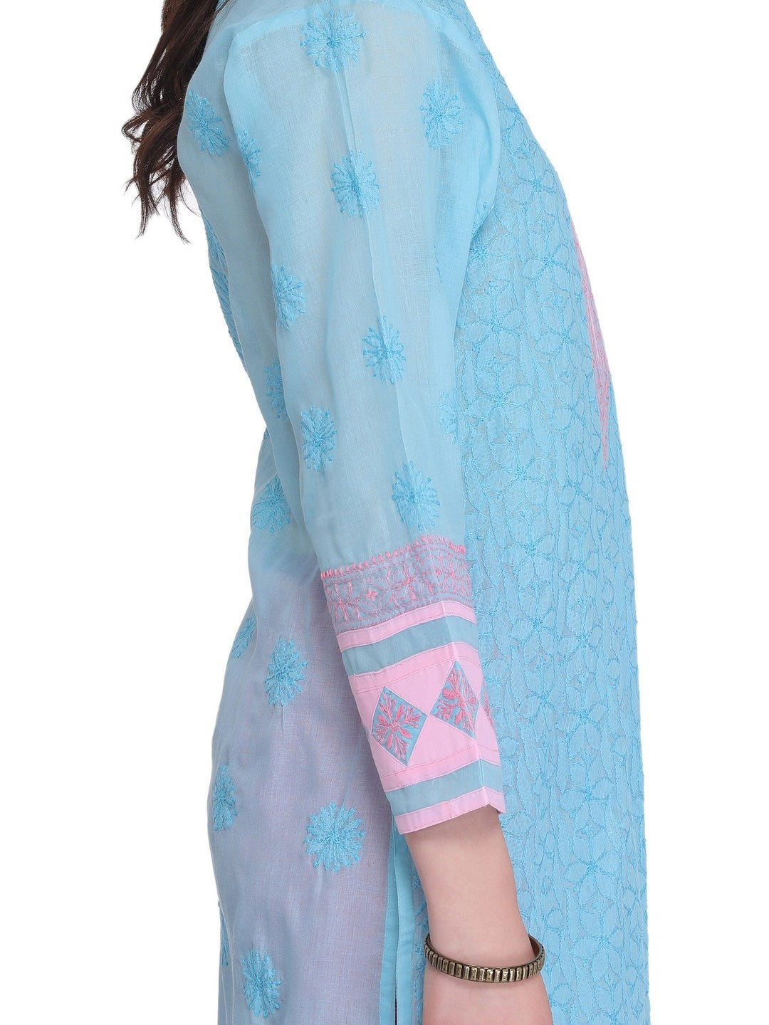 Ada Hand Embroidered Blue Cotton Lucknow Chikan Straight Kurta- A285192