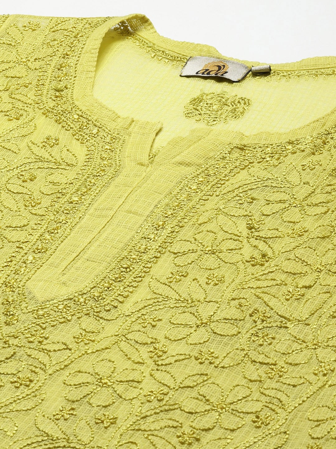 Ada Hand Embroidered Lime Green Kota Lucknowi Chikankari Short Kurti With Slip A911178
