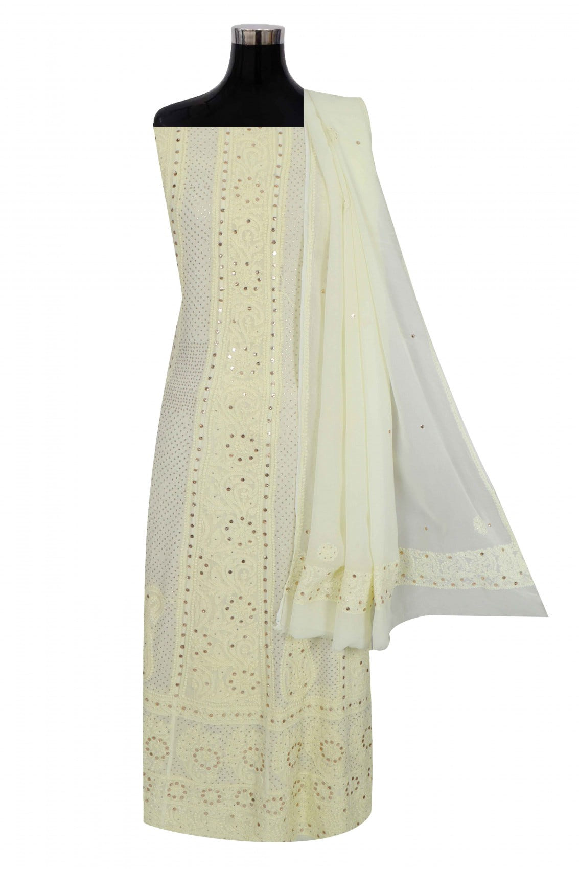 Ada Hand Embroidered Lemon Georgette Lucknowi Chikankari Semi-Stitched Anarkali Kurta Dupatta Set With Muqaish Work 01A132754