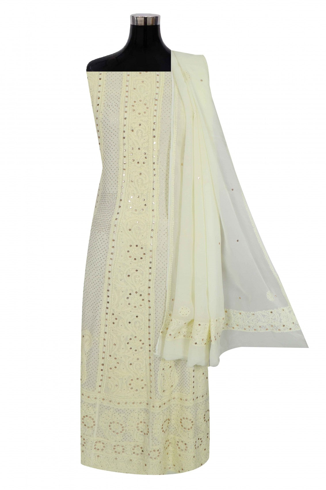 Ada Hand Embroidered Lemon Georgette Lucknowi Chikankari Semi-Stitched Anarkali Kurta Dupatta Set With Muqaish Work 01A132754
