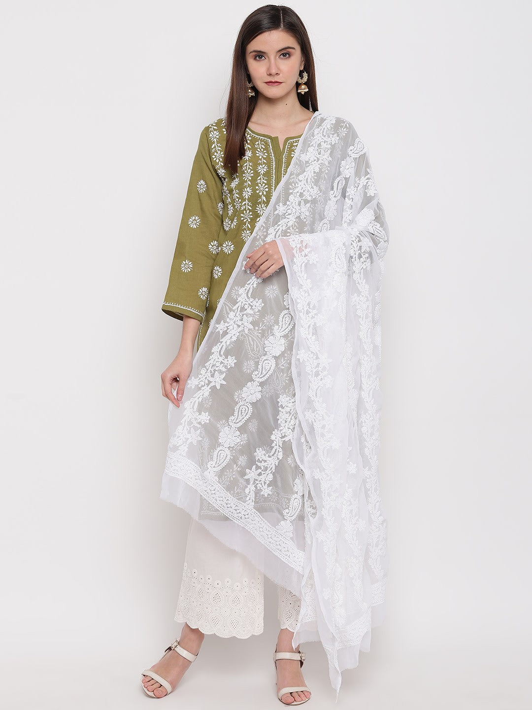 Ada Hand Embroidered White Georgette Lucknowi Chikankari Dupatta A100268