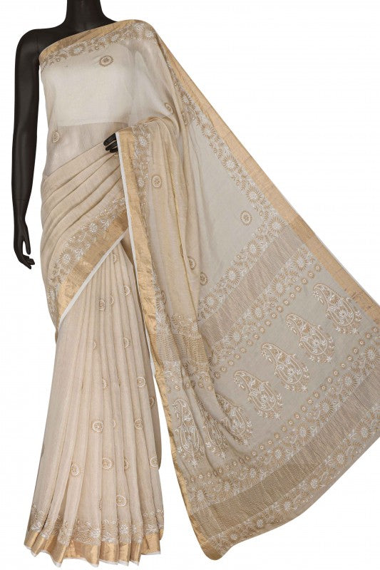 Ada Hand Embroidered Natural Fawn Tissue Lucknowi Chikankari Saree With Blouse A615145